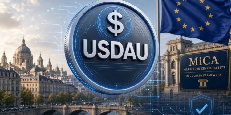 Moneda digital USDAU junto a la bandera de la Unión Europea y una placa de regulación MiCA.