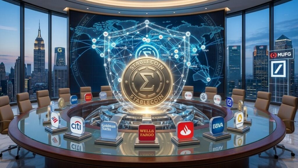 Moneda digital de oro brillante rodeada por logotipos de bancos internacionales.