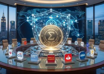 Moneda digital de oro brillante rodeada por logotipos de bancos internacionales.