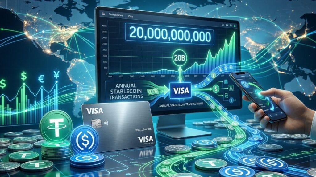 Tarjeta Visa rodeada de monedas digitales USDT y USDC sobre un fondo con pantallas de datos financieros globales.