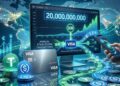 Tarjeta Visa rodeada de monedas digitales USDT y USDC sobre un fondo con pantallas de datos financieros globales.