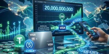 Tarjeta Visa rodeada de monedas digitales USDT y USDC sobre un fondo con pantallas de datos financieros globales.