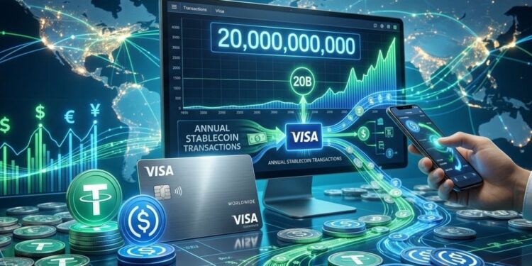 Tarjeta Visa rodeada de monedas digitales USDT y USDC sobre un fondo con pantallas de datos financieros globales.