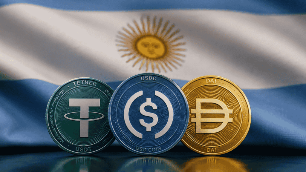 Monedas de USDT, USDC y DAI en primer plano. Bandera argentina en el fondo.