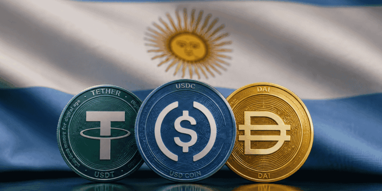 Monedas de USDT, USDC y DAI en primer plano. Bandera argentina en el fondo.