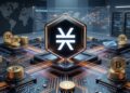 Tesorería de Bitcoin y Stacks, mostrando un emblema luminoso rodeado de monedas de Bitcoin sobre un circuito tecnológico.