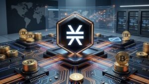 Tesorería de Bitcoin y Stacks, mostrando un emblema luminoso rodeado de monedas de Bitcoin sobre un circuito tecnológico.