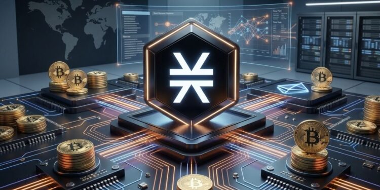 Tesorería de Bitcoin y Stacks, mostrando un emblema luminoso rodeado de monedas de Bitcoin sobre un circuito tecnológico.