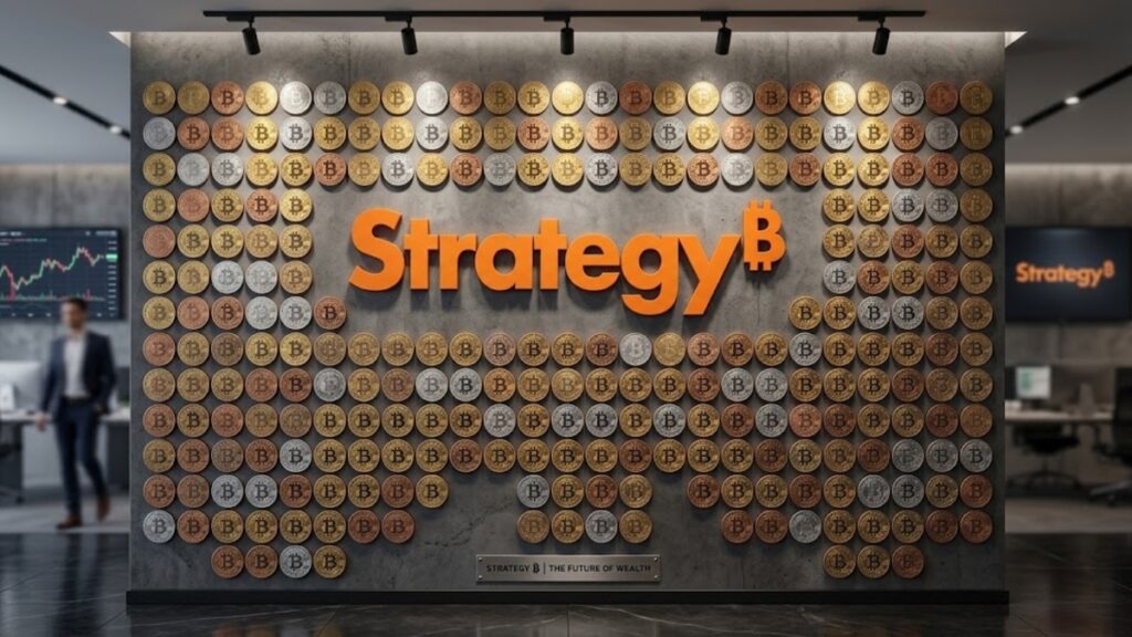 Pared con el logo de Strategy y monedas de bitcoin.