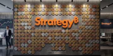 Pared con el logo de Strategy y monedas de bitcoin.