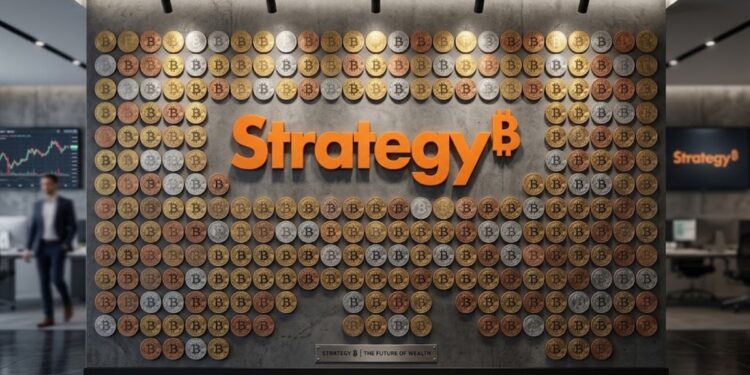Pared con el logo de Strategy y monedas de bitcoin.