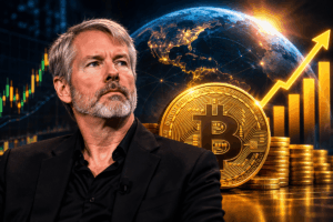 Imagen de Michael Saylor con una moneda de BTC y un mundo atrás