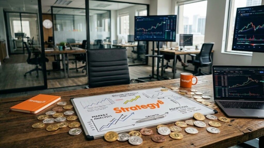 Logo de Strategy con monedas de bitcoin alrededor.