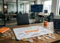 Logo de Strategy con monedas de bitcoin alrededor.