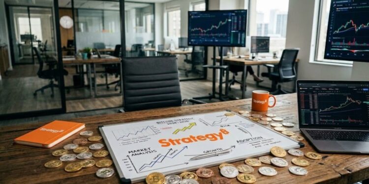 Logo de Strategy con monedas de bitcoin alrededor.