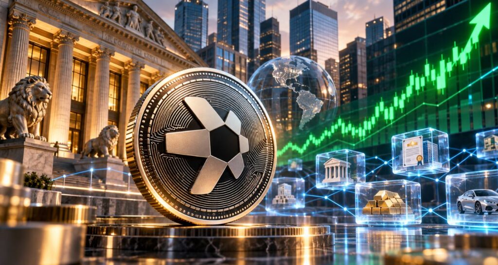Una moneda física de quant rodeada de edificios de bancos y una flecha verde.