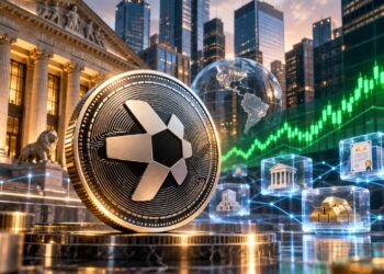 Una moneda física de quant rodeada de edificios de bancos y una flecha verde.