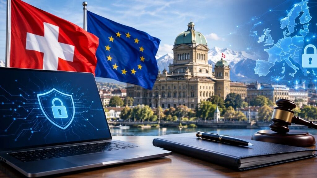 una laptop con un candado digital y un martillo de juez sobre una mesa de madera, con las banderas de Suiza y la Unión Europea.