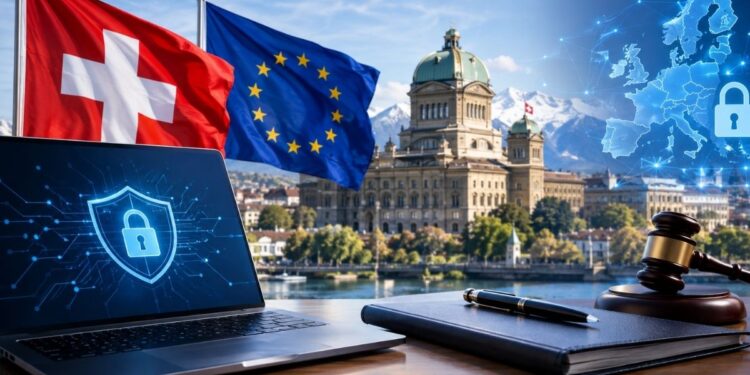 una laptop con un candado digital y un martillo de juez sobre una mesa de madera, con las banderas de Suiza y la Unión Europea.
