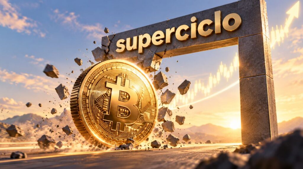 Una moneda física de bitcoin atravesando un cartel que dice Superciclo.