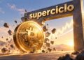 Una moneda física de bitcoin atravesando un cartel que dice Superciclo.