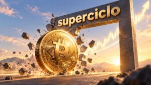 Una moneda física de bitcoin atravesando un cartel que dice Superciclo.