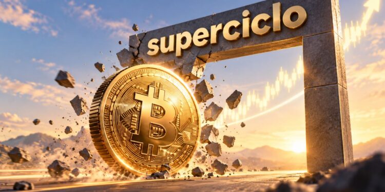 Una moneda física de bitcoin atravesando un cartel que dice Superciclo.