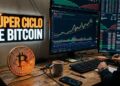 bitcoin con gráficas de mercado en el fondo y un letrero que dice "Súper Ciclo de Bitcoin".