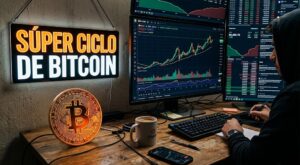 bitcoin con gráficas de mercado en el fondo y un letrero que dice "Súper Ciclo de Bitcoin".