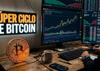 bitcoin con gráficas de mercado en el fondo y un letrero que dice "Súper Ciclo de Bitcoin".