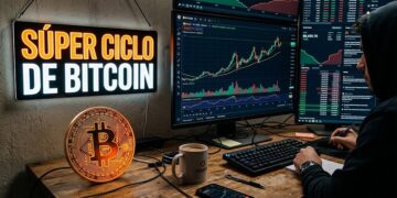 bitcoin con gráficas de mercado en el fondo y un letrero que dice "Súper Ciclo de Bitcoin".