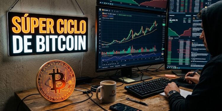 bitcoin con gráficas de mercado en el fondo y un letrero que dice "Súper Ciclo de Bitcoin".