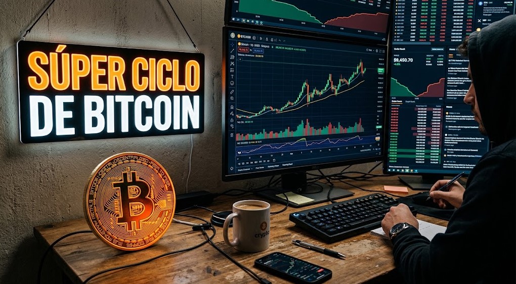 bitcoin con gráficas de mercado en el fondo y un letrero que dice "Súper Ciclo de Bitcoin".