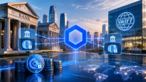 Integración de red Chainlink y SWIFT para depósitos tokenizados y conexión entre bancos tradicionales y blockchain.