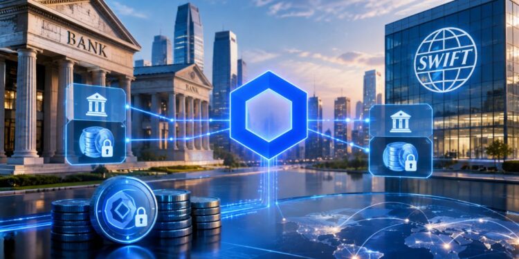 Integración de red Chainlink y SWIFT para depósitos tokenizados y conexión entre bancos tradicionales y blockchain.