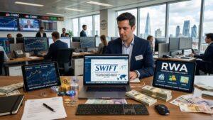 Un hombre con una computadora que muestra el logo de SWIFT, junto a criptomonedas, la palabra RWA, y dinero alrededor.