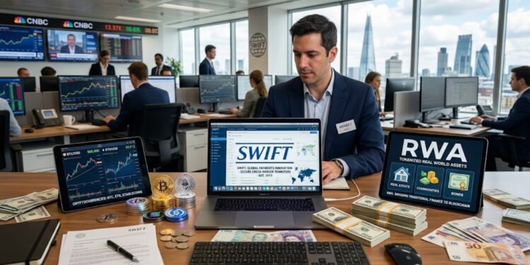 Un hombre con una computadora que muestra el logo de SWIFT, junto a criptomonedas, la palabra RWA, y dinero alrededor.
