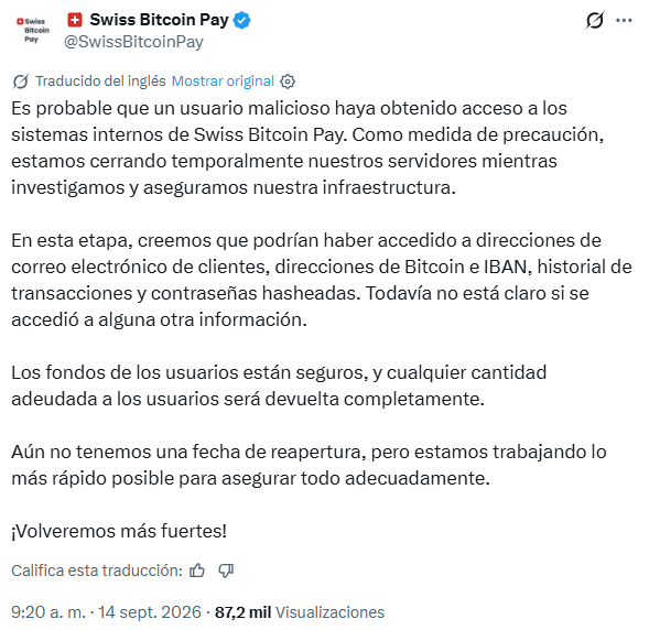 Comunicado de Swiss Bitcoin Pay en X.