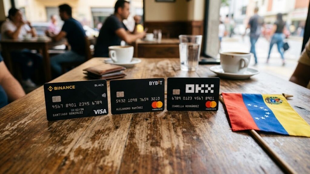 Tarjetas de criptomonedas de Binance, Bybit y OKX, con la bandera de Venezuela.