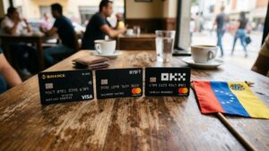 Tarjetas de criptomonedas de Binance, Bybit y OKX, con la bandera de Venezuela.