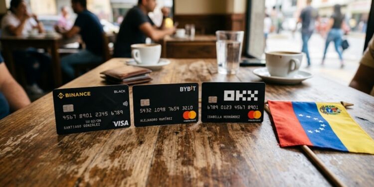 Tarjetas de criptomonedas de Binance, Bybit y OKX, con la bandera de Venezuela.