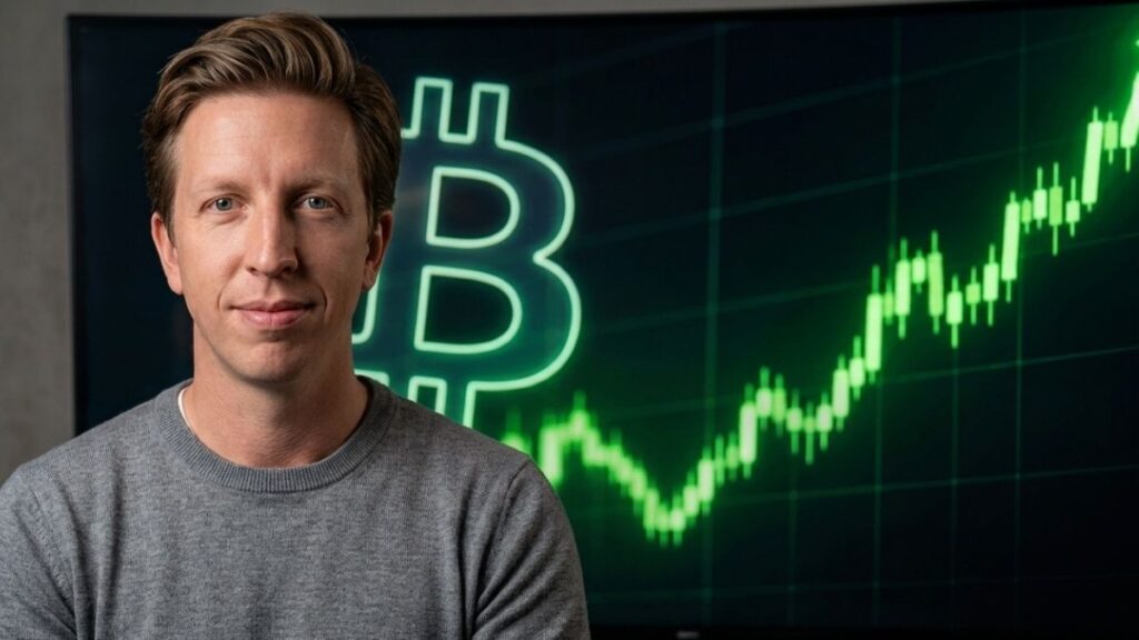 Ted Pillows posando junto a un gráfico verde alcista de Bitcoin en pantalla.
