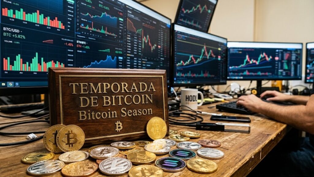 Bitcoin y criptomonedas, con un letrero que dice "Temporada de bitcoin". En el fono, gráficas de mercado mixtas.