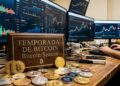 Bitcoin y criptomonedas, con un letrero que dice "Temporada de bitcoin". En el fono, gráficas de mercado mixtas.