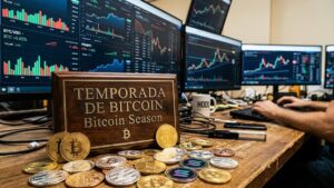 Bitcoin y criptomonedas, con un letrero que dice "Temporada de bitcoin". En el fono, gráficas de mercado mixtas.