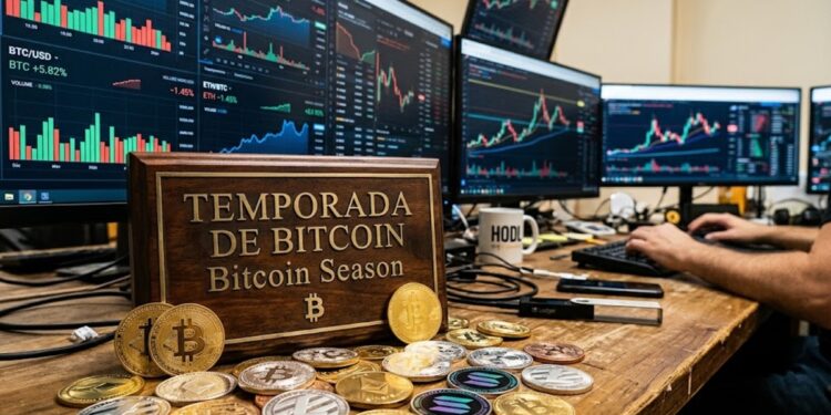 Bitcoin y criptomonedas, con un letrero que dice "Temporada de bitcoin". En el fono, gráficas de mercado mixtas.