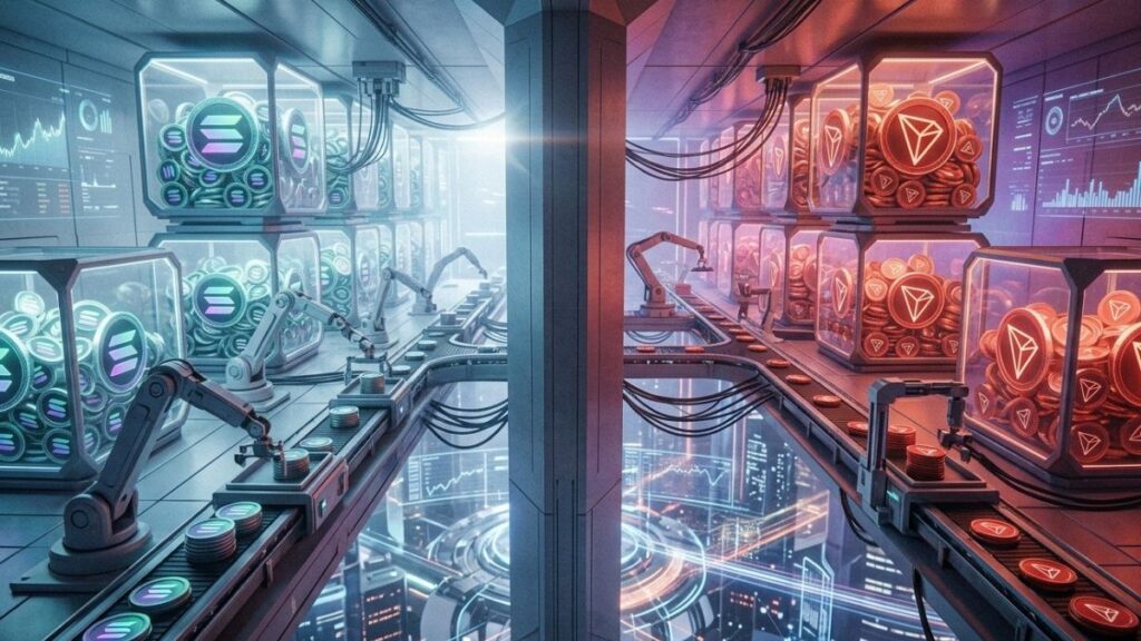 Bóveda tecnológica de tesorería dividida en dos secciones con contenedores de monedas digitales de Solana y Tron en movimiento.