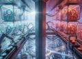 Bóveda tecnológica de tesorería dividida en dos secciones con contenedores de monedas digitales de Solana y Tron en movimiento.