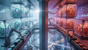 Bóveda tecnológica de tesorería dividida en dos secciones con contenedores de monedas digitales de Solana y Tron en movimiento.