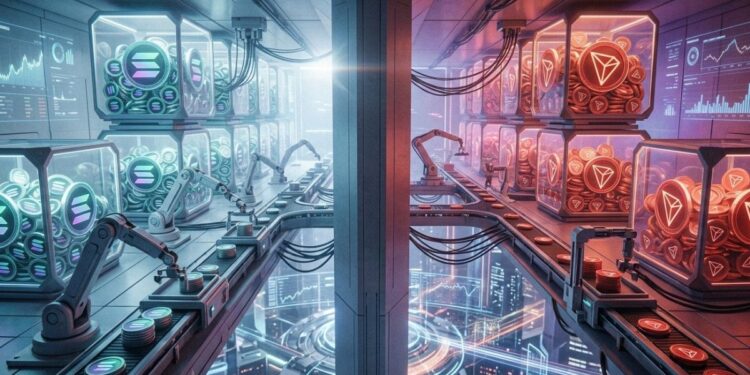 Bóveda tecnológica de tesorería dividida en dos secciones con contenedores de monedas digitales de Solana y Tron en movimiento.